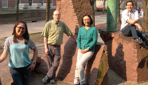 NMR group, hanging out photo. Left to right: Nikki Duay, Dean Olson, Lingyang Zhu, and Anre Sutrisno.