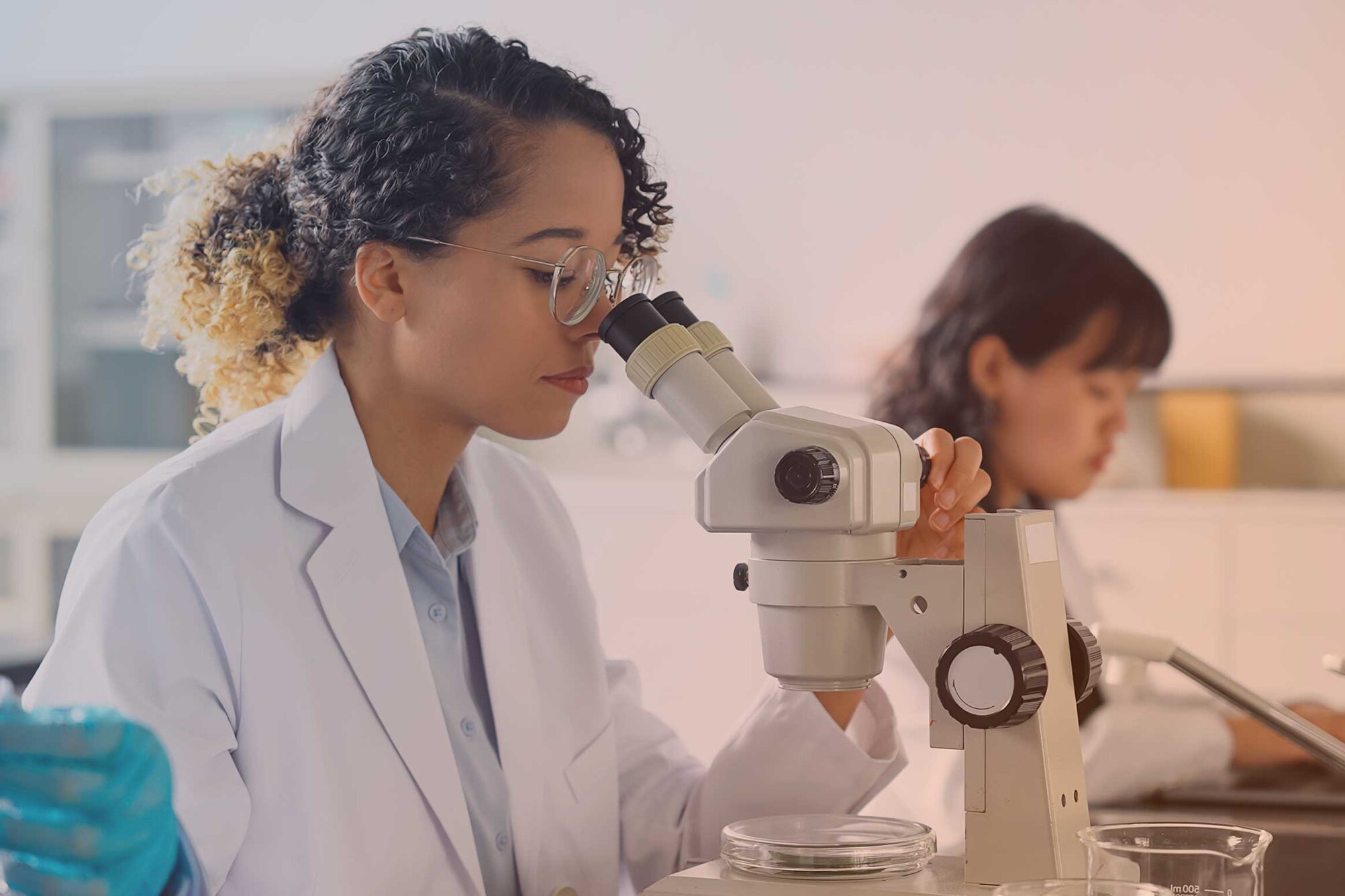 chemistry students with microscope