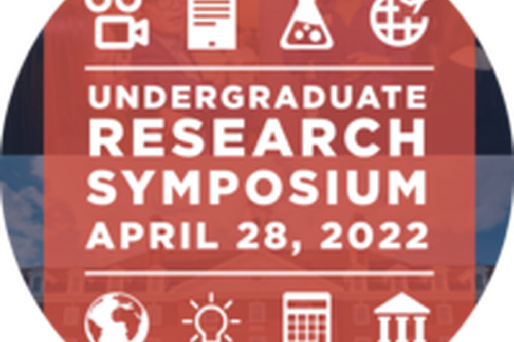 Undergraduate Research Symposium April 28, 2022 Picture with research and college style clipart over a red square.