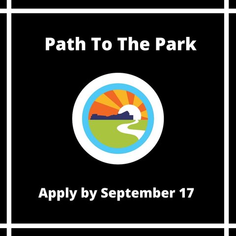 Path to the park logo. apply by september 17. a walking path towards a sunrise in the horrizon on a black background