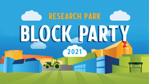 Cartoon graphics depicting Research Park with Block Party 2021 writen in script