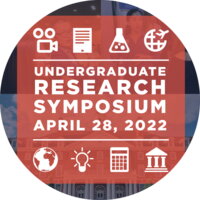 Undergraduate Research Symposium April 28, 2022 Picture with research and college style clipart over a red square.