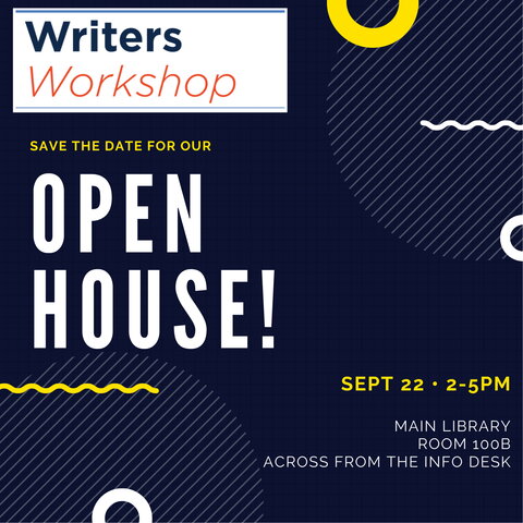 Writers workshop flyer. Information is in body of the page.