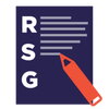 RSG logo. Blue square with RSG and an orange pencil drawing white lines intended to be representative of writing