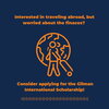Gilman International Scholarhip Logo. Stick person in orange pulling a suitcase infront of the earth.