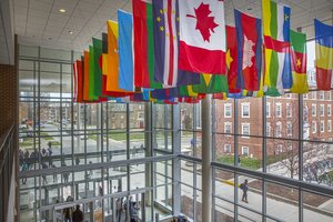Ceiling flags hanging over the atrium area of the northeast entrance to the SDRP building.