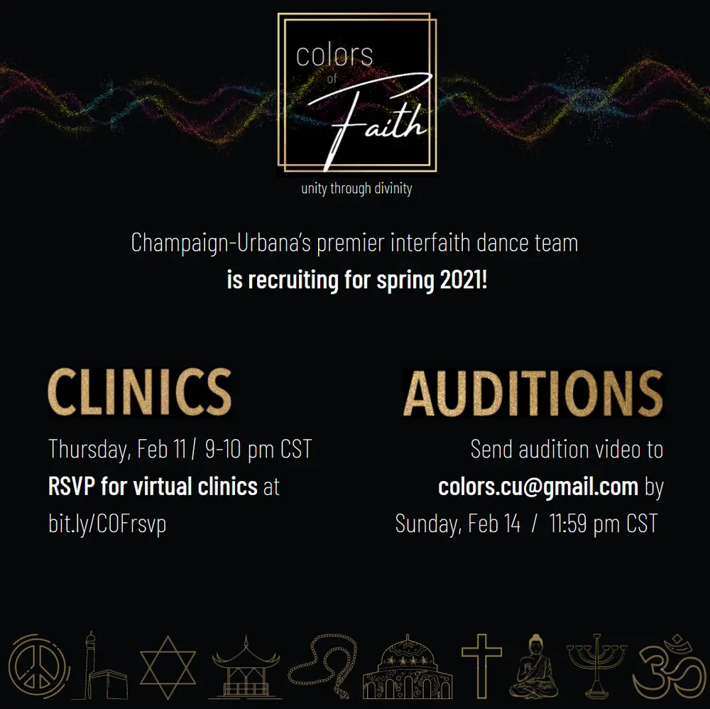Flyer depicting diverse religious imagery and same information as in the body of text.
