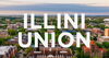 Illini union letters over an aeral shot of campus